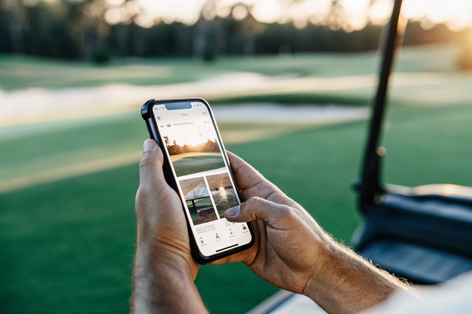 Golfer checking a premium travel app on smartphone with a sunlit fairway in the background