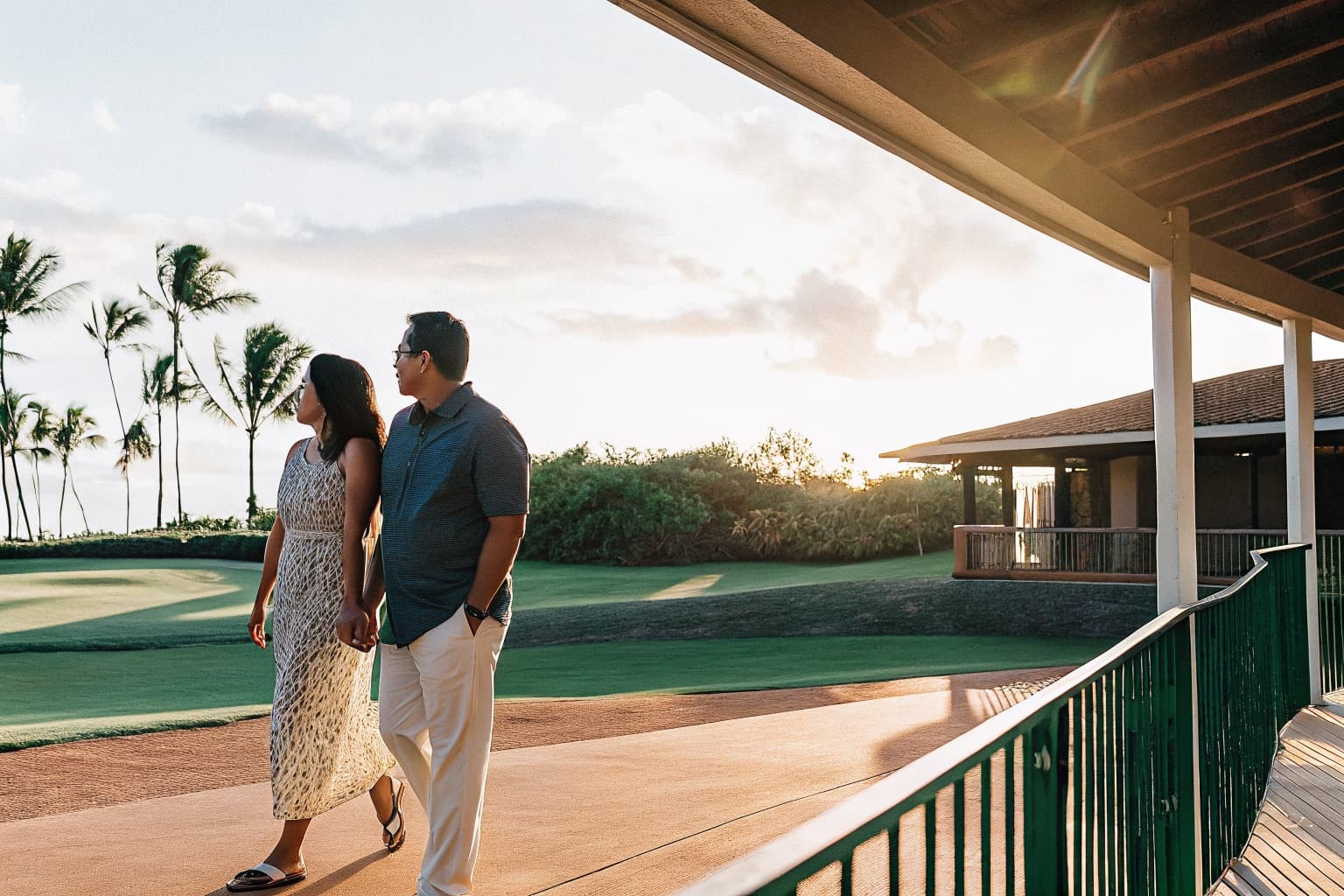 A couple walking along a pristine golf course at sunset, dressed in elegant resort wear